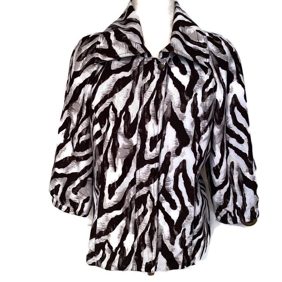 CHICO’S JACKET BLACK WHITE GRAY ZIP FRONT COLLAR POCKETS SIZE 0 S - Picture 1 of 8